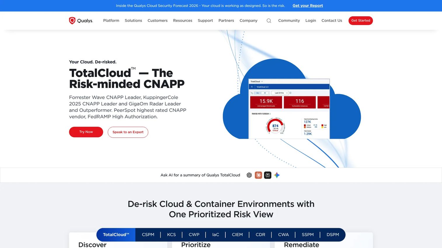 Qualys TotalCloud cloud workload protection dashboard
