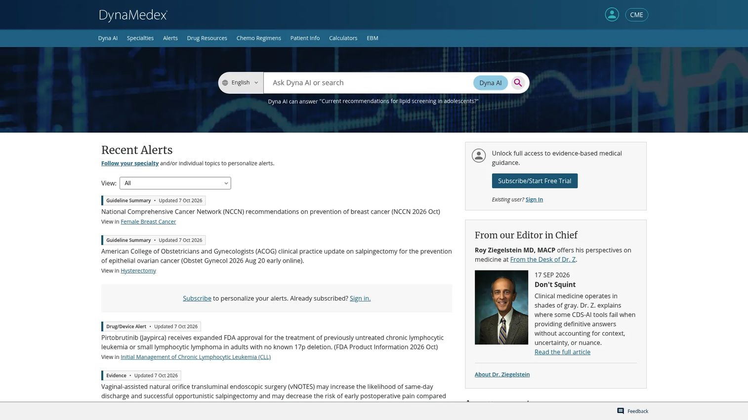 DynaMedex clinical evidence and medication decision support interface