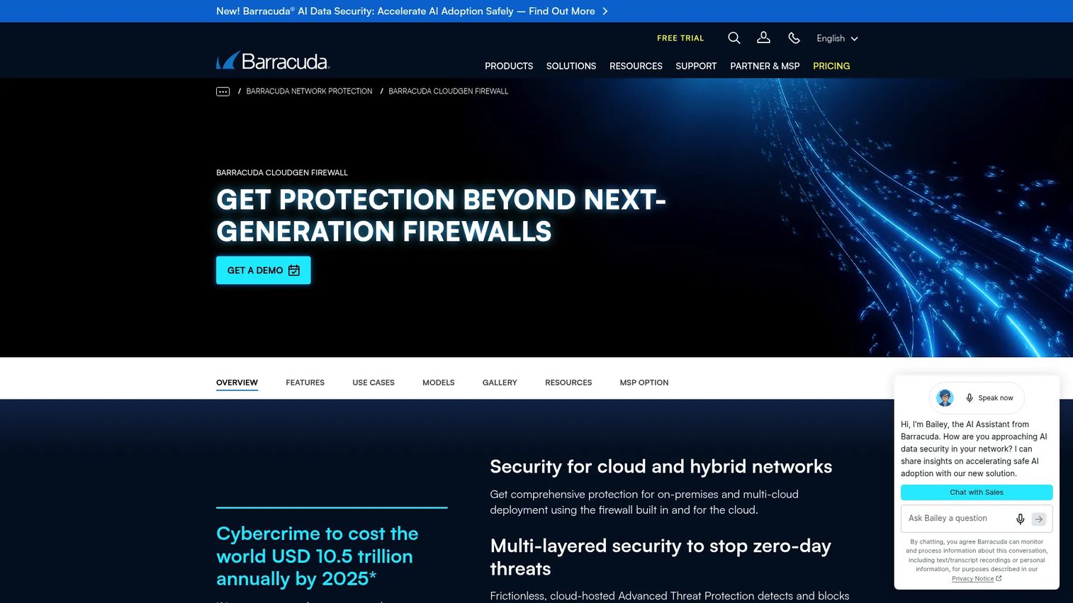 Barracuda CloudGen Firewall dashboard showing distributed network security management and SD-WAN controls