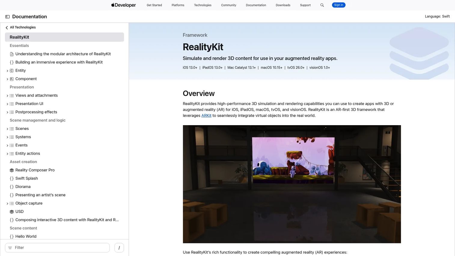 RealityKit documentation showing Apple 3D rendering and AR framework