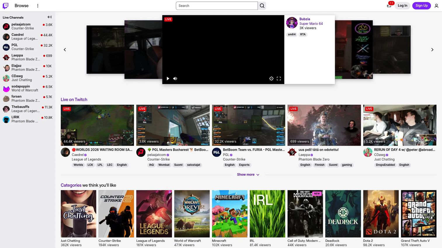 Twitch live stream channel with chat