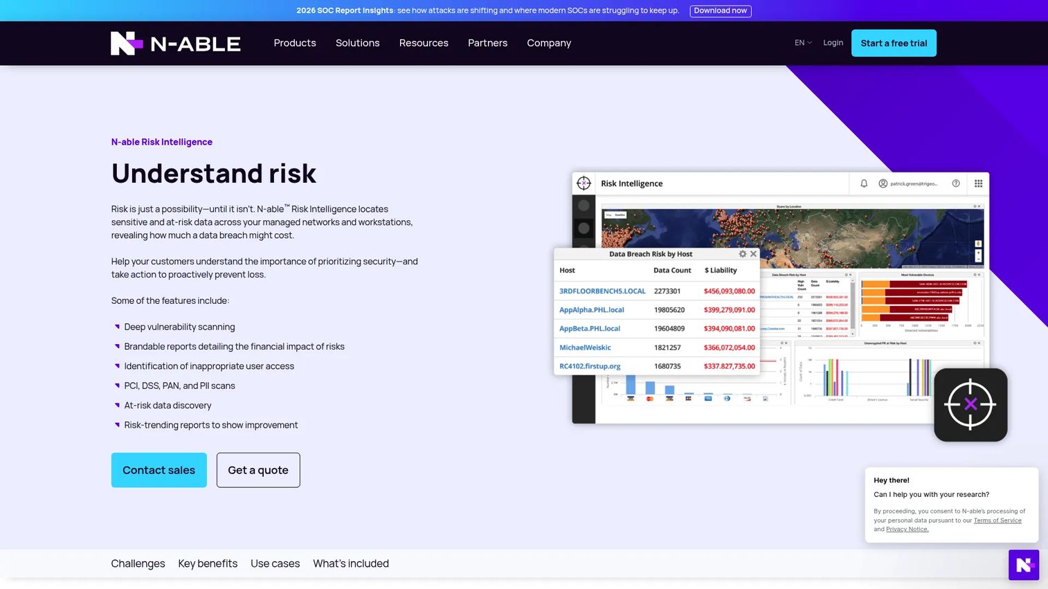 N-able Risk Intelligence showing endpoint assessment dashboard, data exposure report, and risk trend analysis