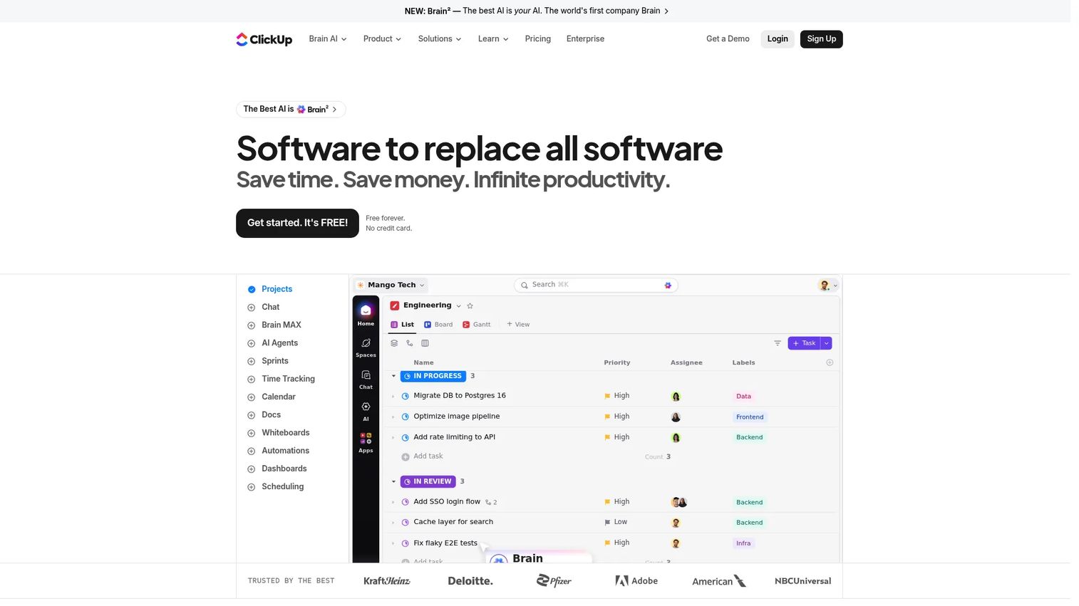 ClickUp homepage showing all-in-one workspace with tasks, docs, goals, and dashboards
