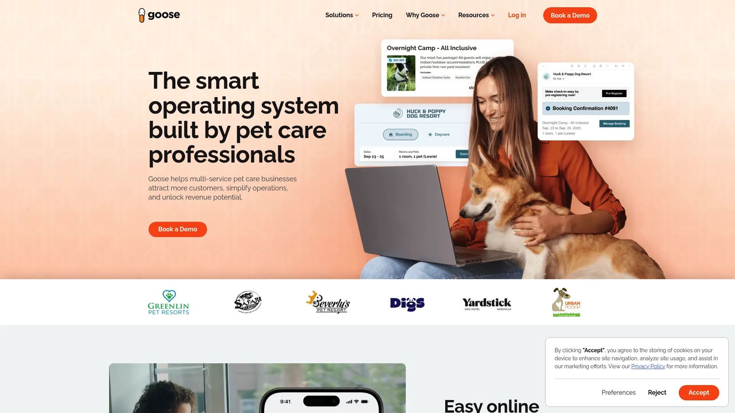 Goose pet care software booking dashboard