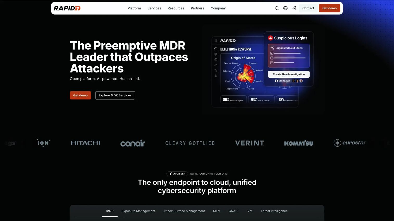 Rapid7 UEBA and security operations dashboard showing suspicious user behavior