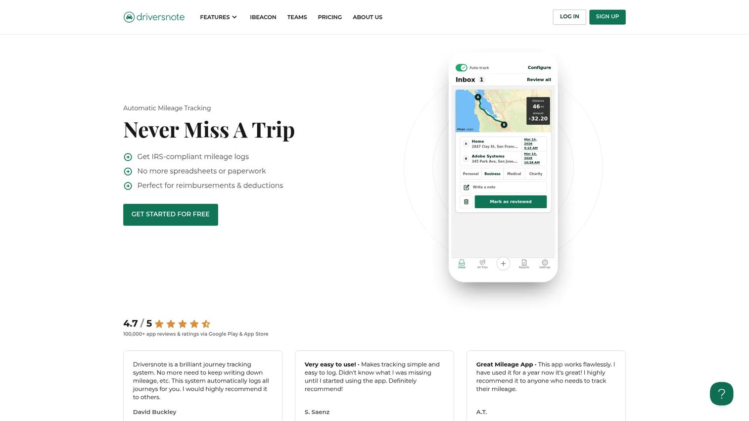 Driversnote mileage tracking app showing trip logs and report options