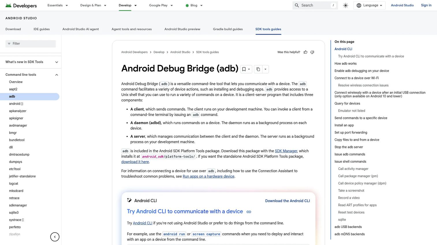 Android Debug Bridge command-line documentation page
