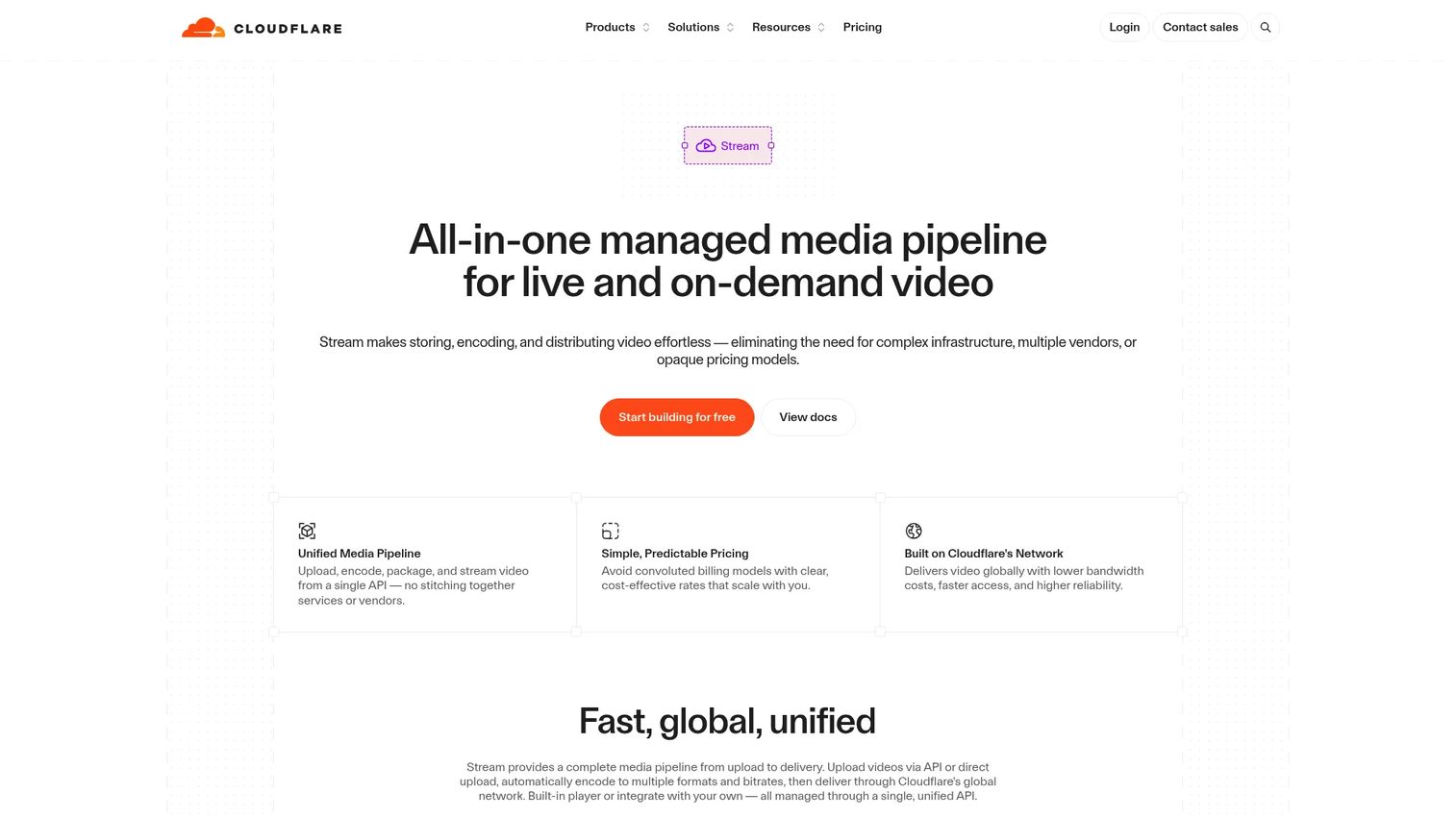 Cloudflare Stream dashboard for video storage, delivery, and live streaming