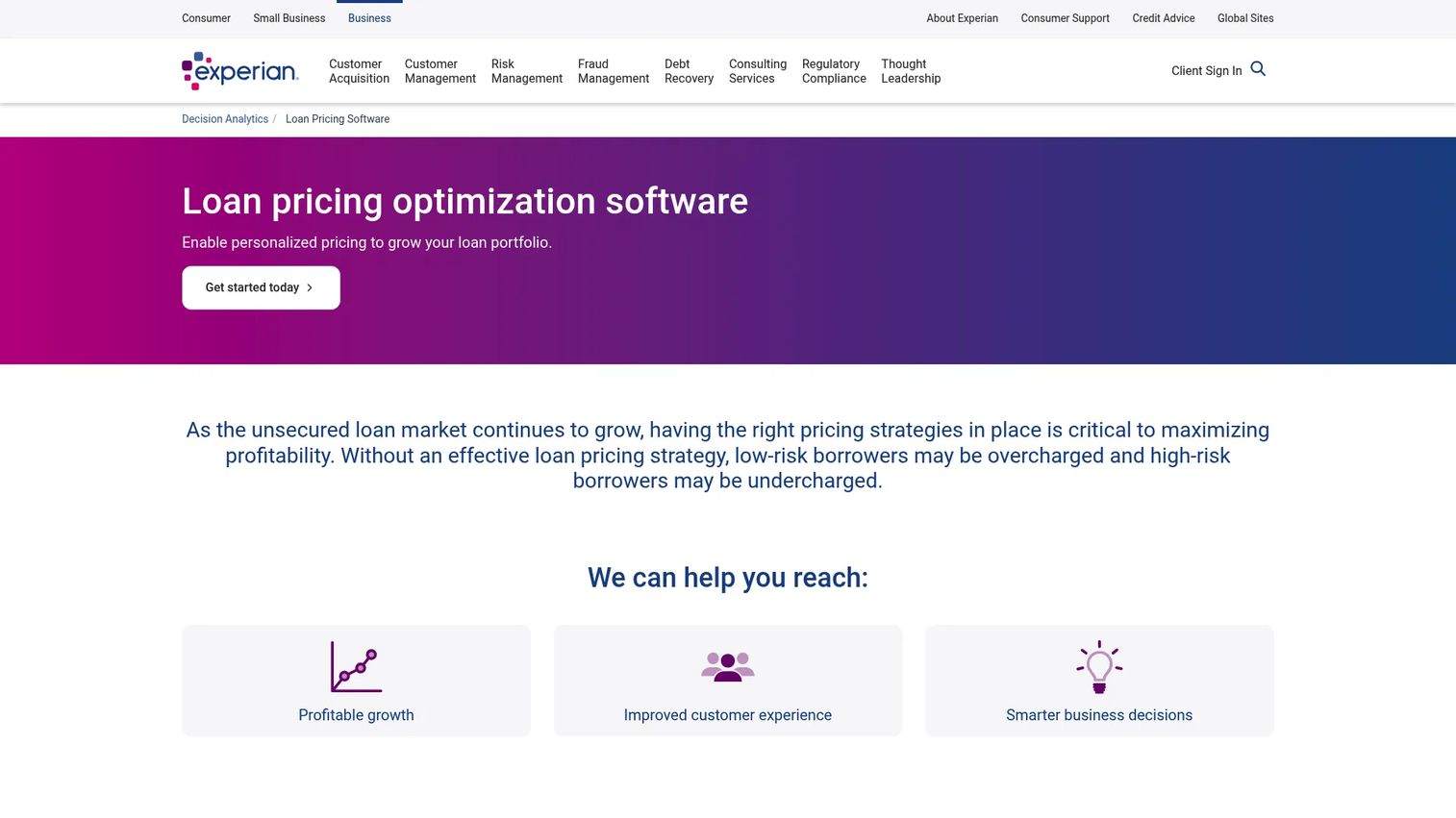 Experian loan pricing optimization software for consumer lending