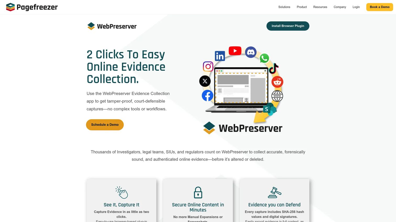 WebPreserver homepage showing browser-based evidence capture for websites and social media