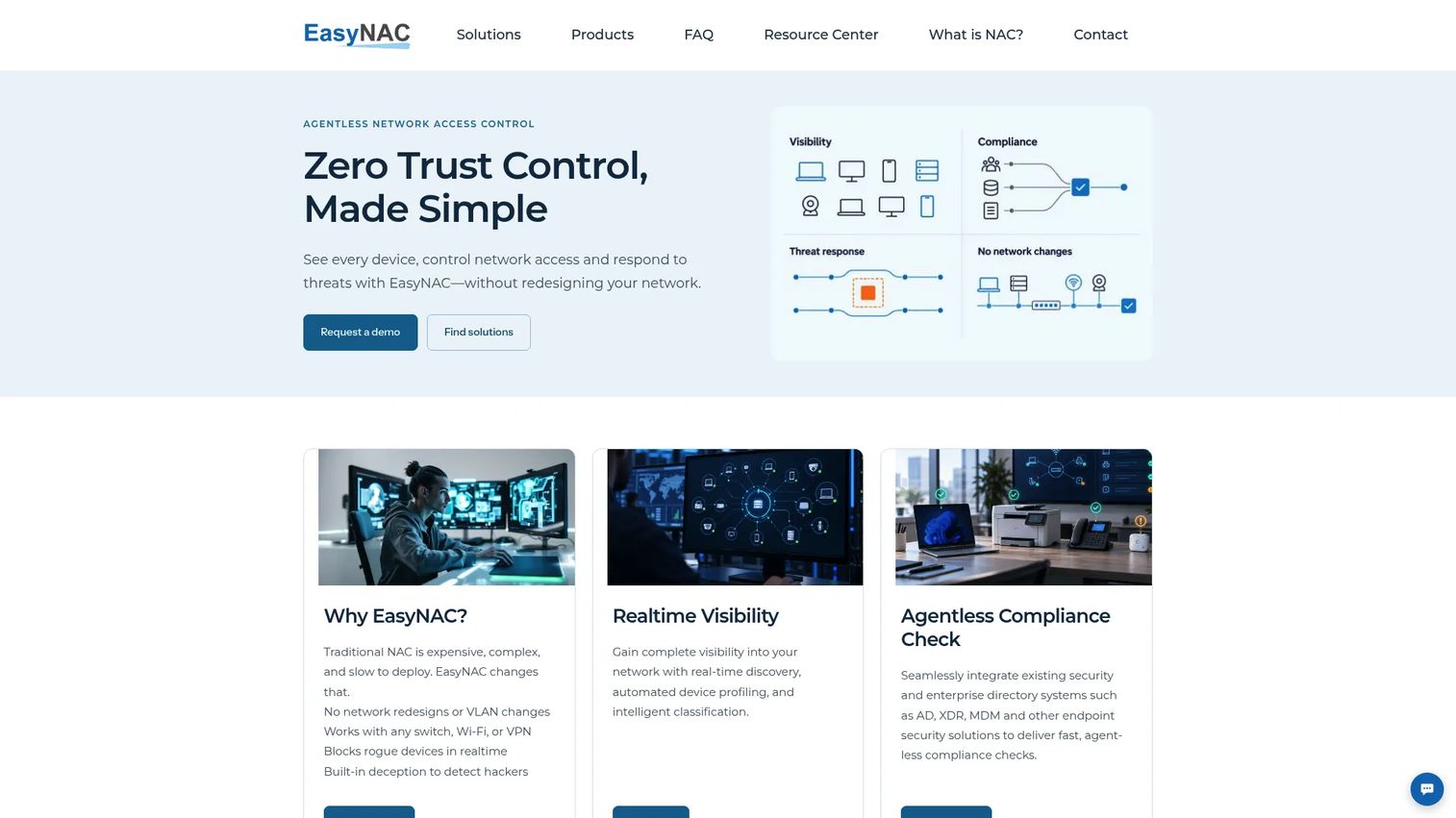 EasyNAC homepage showing network access control interface