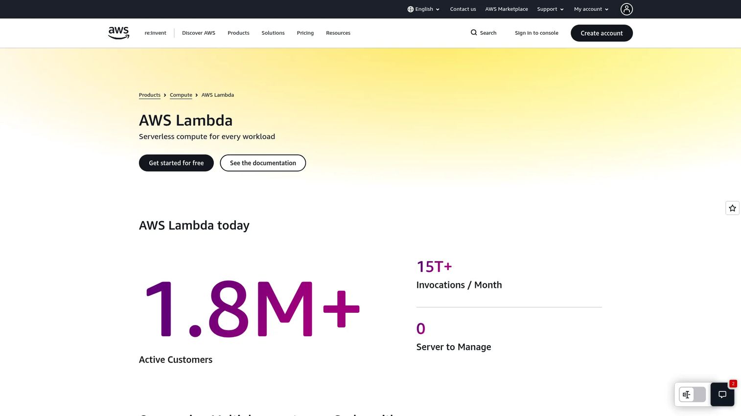 AWS Lambda homepage showing serverless compute service for event-driven functions without server management