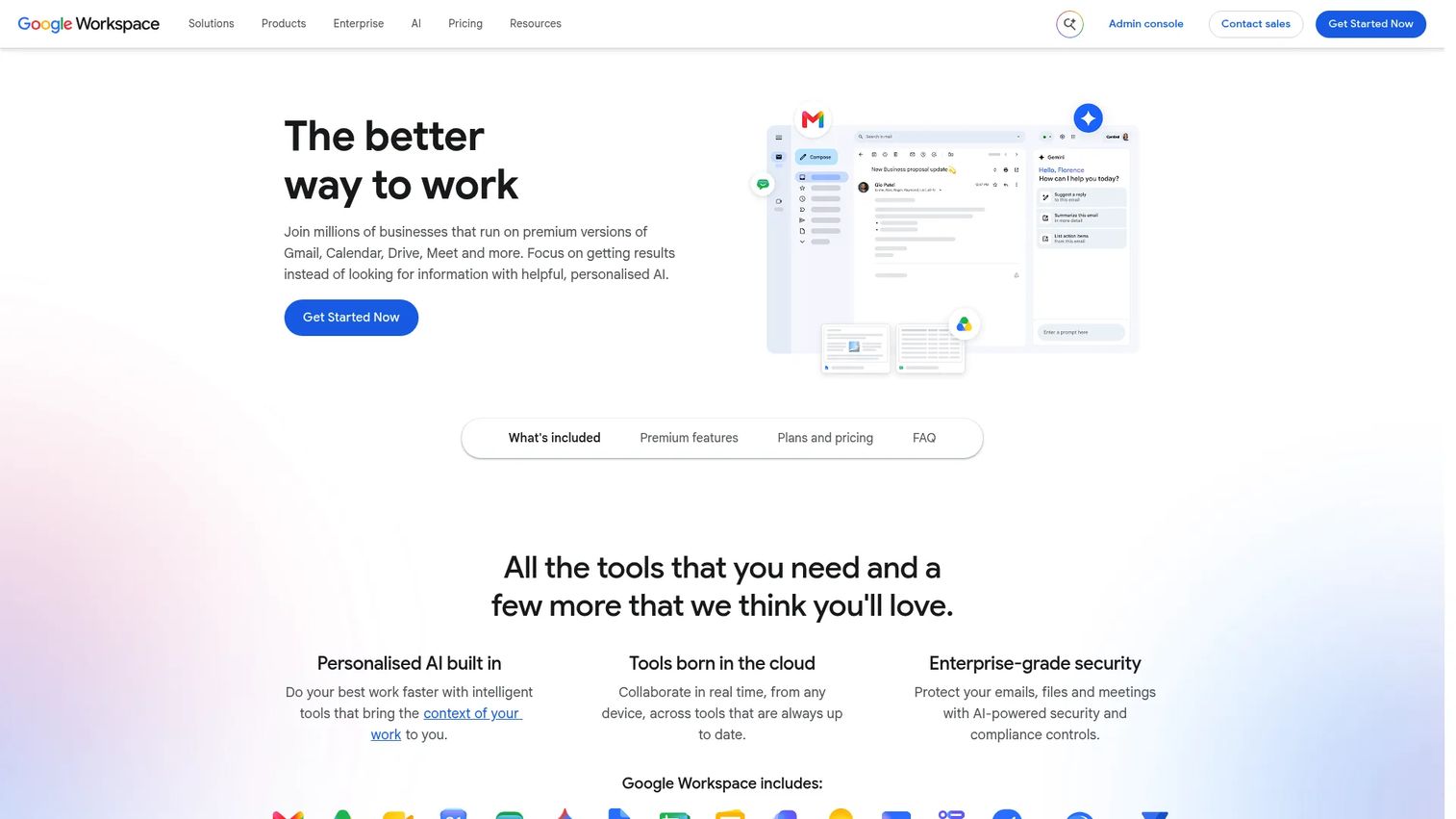 Google Workspace homepage showing business email, collaboration, and productivity apps
