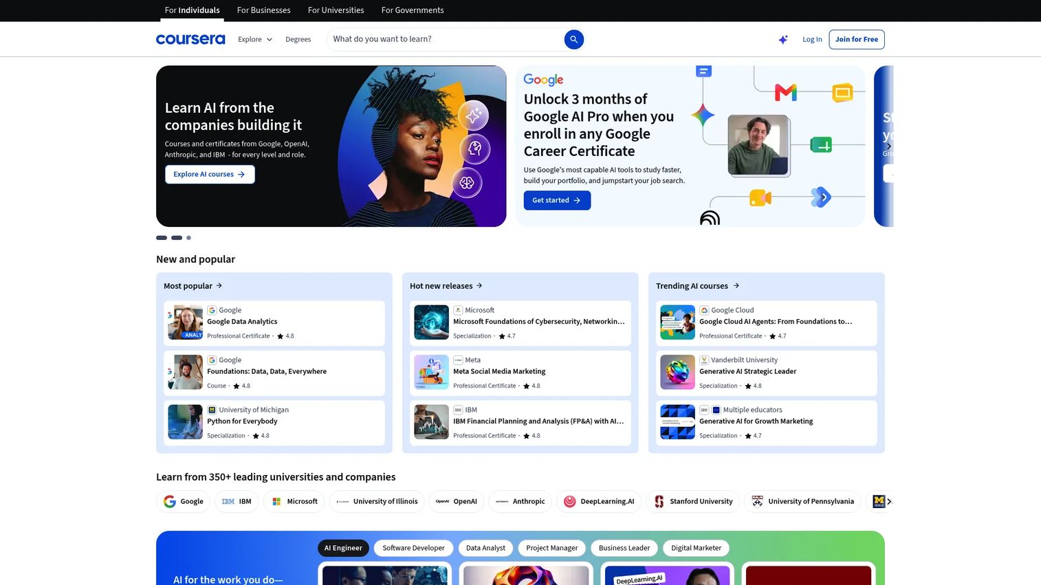 Coursera homepage screenshot showing the online learning platform interface