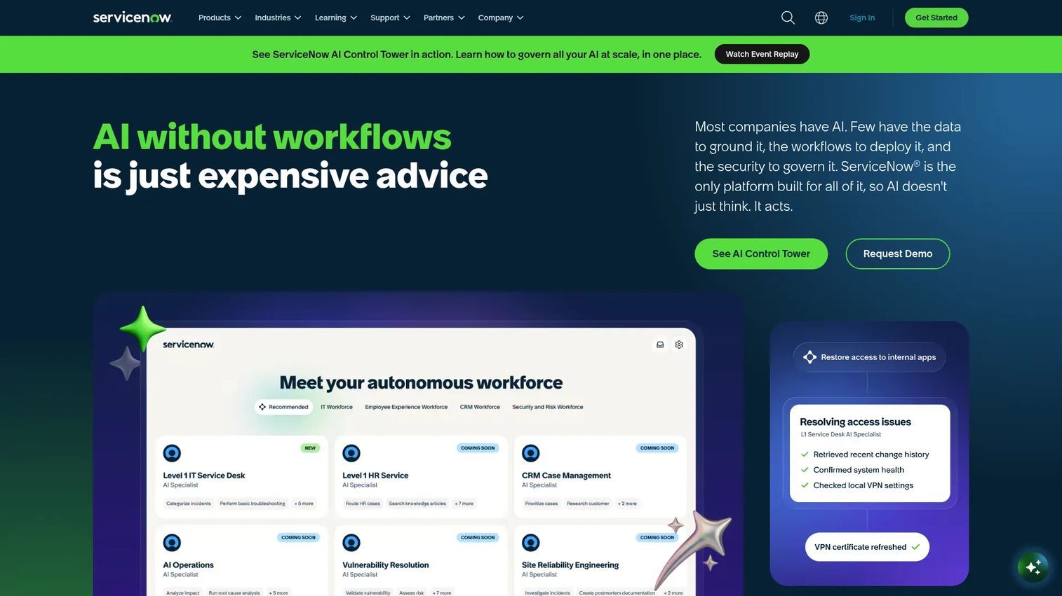 ServiceNow homepage showing AI platform and enterprise workflow management