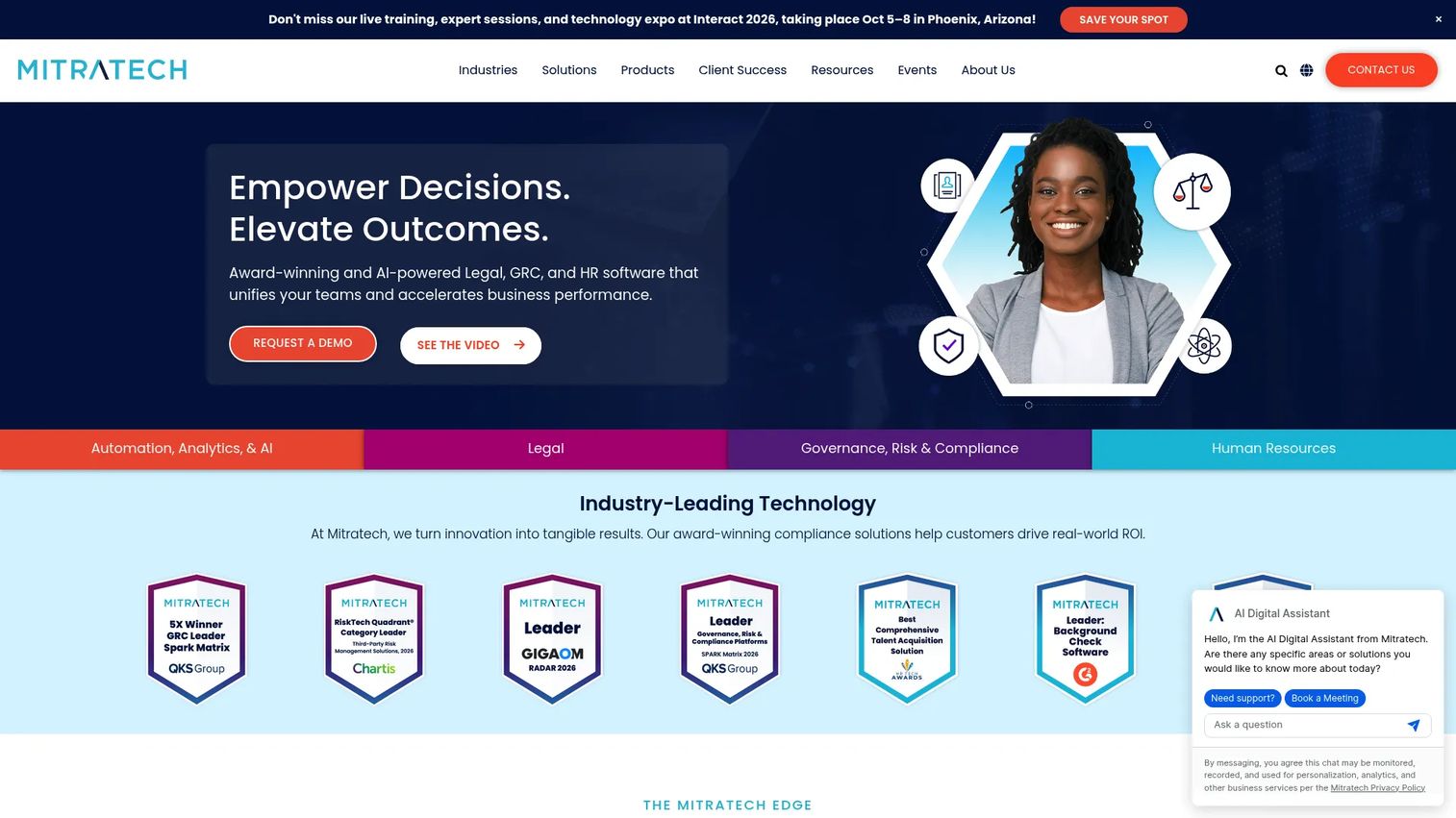 Mitratech HR and compliance platform showing legal, risk, and performance management capabilities