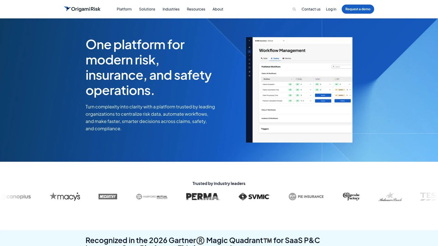 Origami Risk construction claims, insurance, and contractor risk management dashboard.