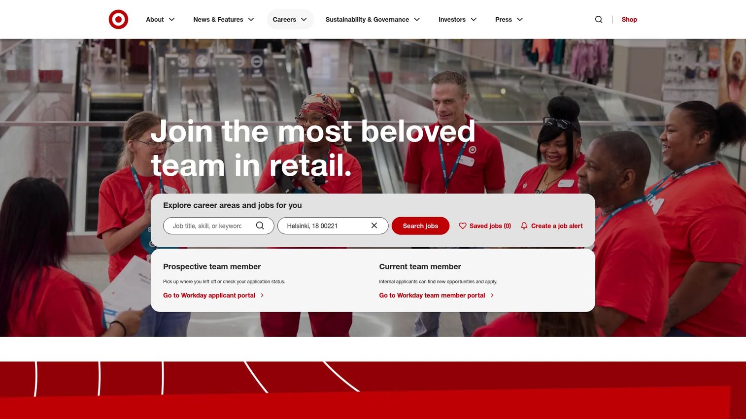 Target job search page for marketplace analyst roles