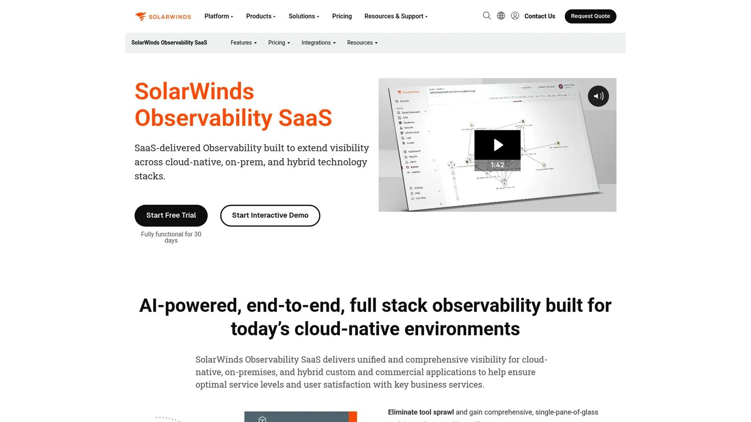 SolarWinds Observability hybrid infrastructure and network monitoring dashboard