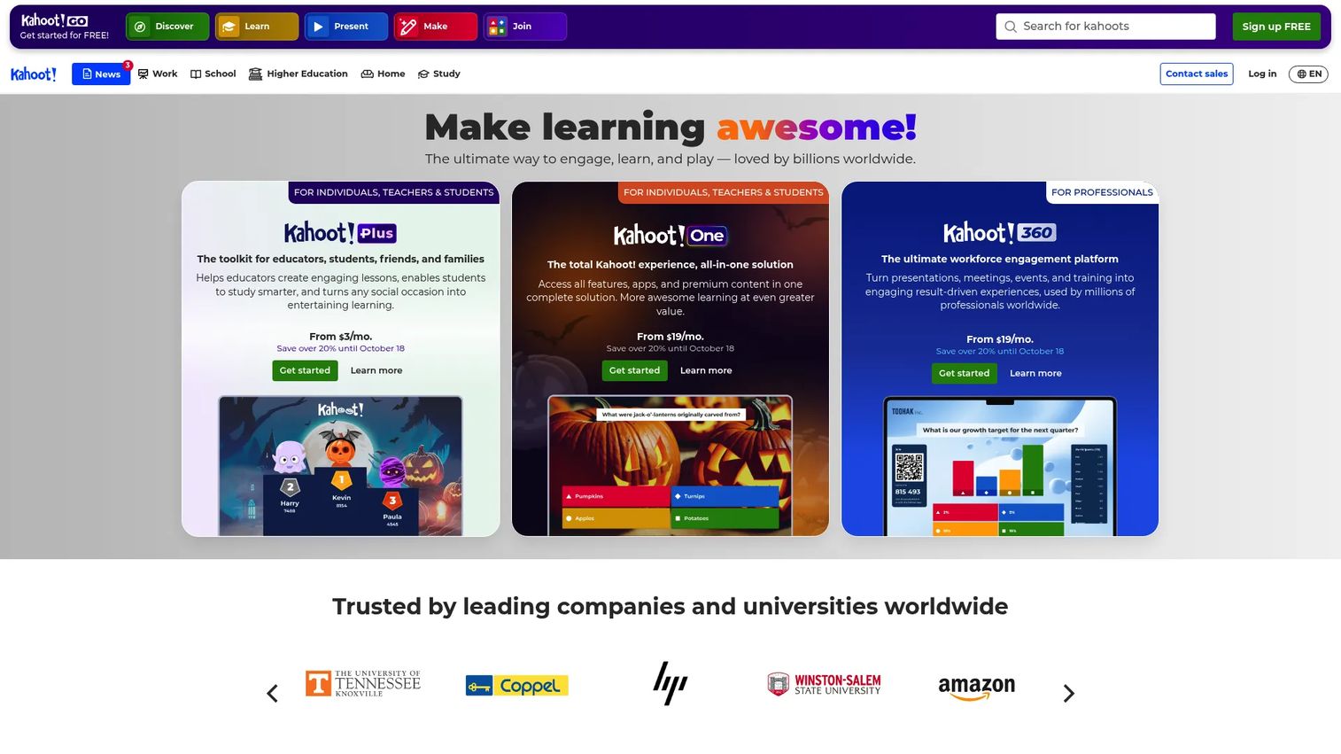 Kahoot! game-based learning and quiz platform homepage