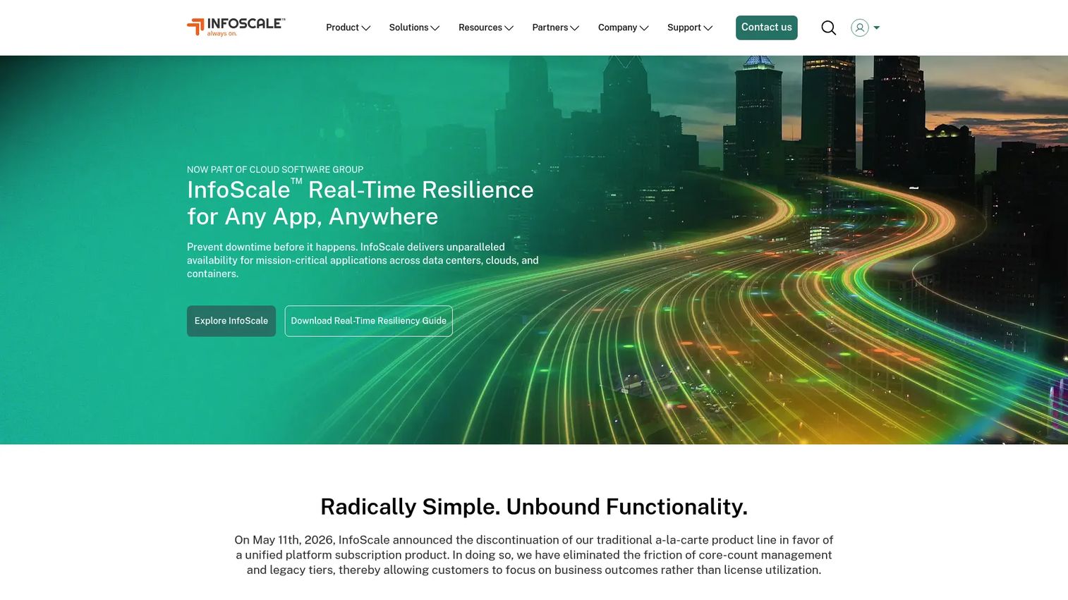 Veritas InfoScale product page showing application availability and high availability clustering features