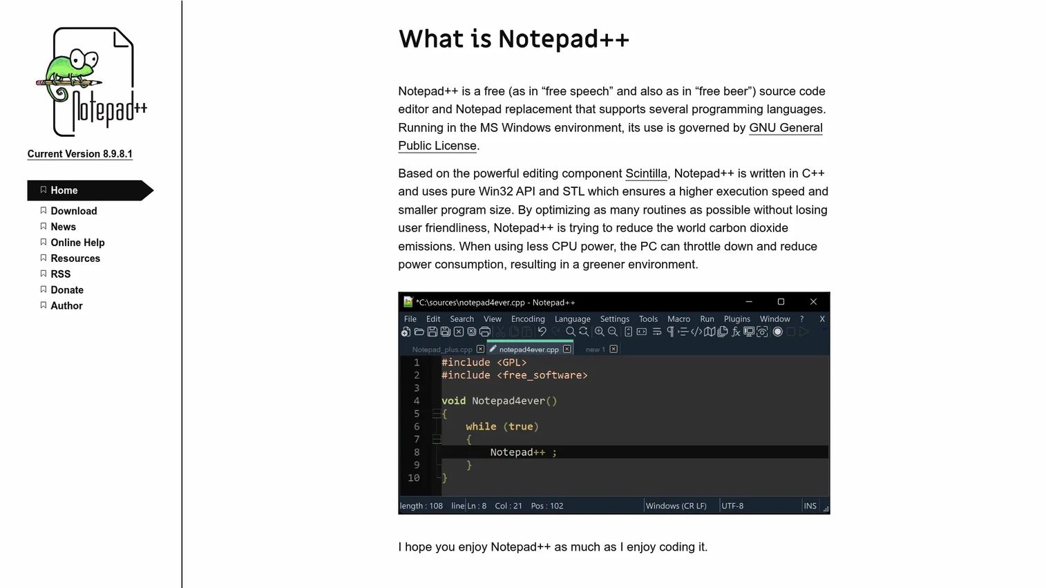 Notepad++ text editor with syntax highlighted code on Windows