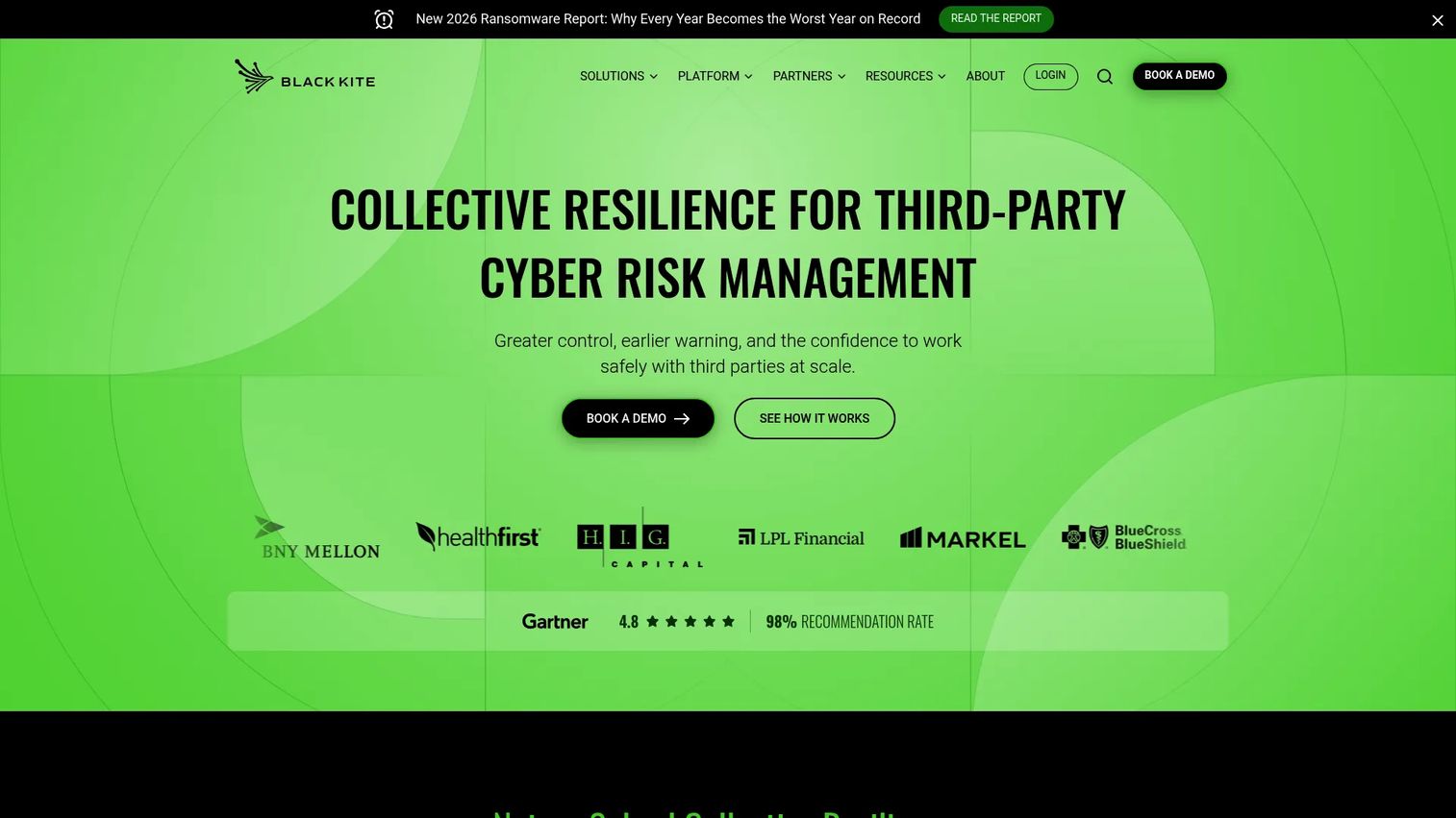 Black Kite AI-native third-party cyber risk management platform showing vendor risk dashboard, cyber ratings, and financial impact analysis