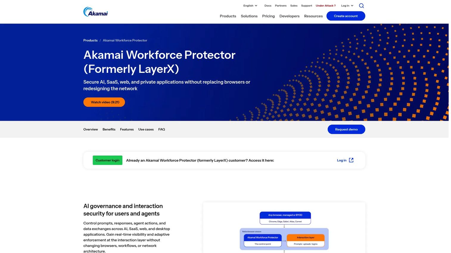 Akamai Workforce Protector page showing interaction security for employees and AI agents