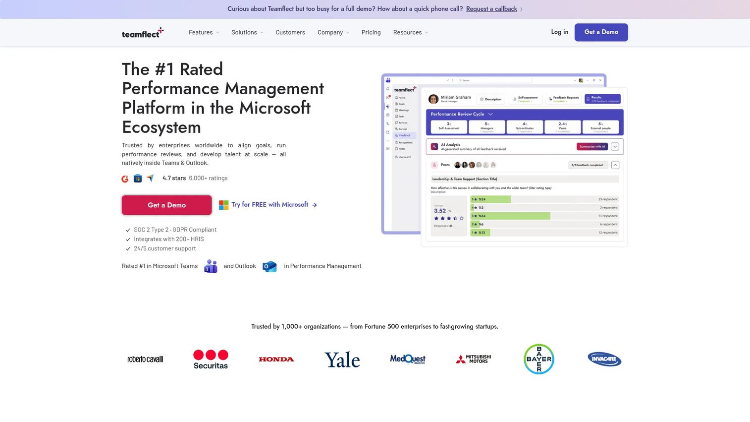 Teamflect Microsoft Teams performance management platform showing goals, feedback, and 1-on-1 meeting workflows inside Teams