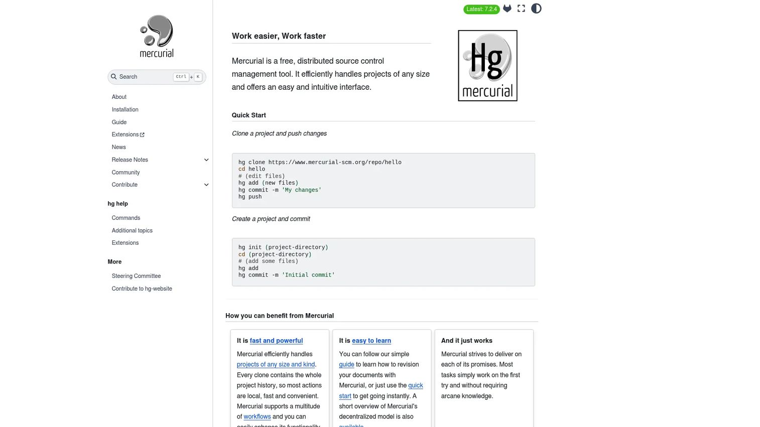 Mercurial commit history showing distributed version-control branches