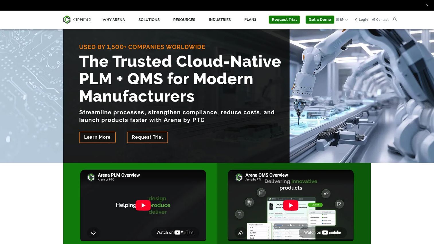 Arena PLM & QMS showing linked product records, change control, and quality workflows