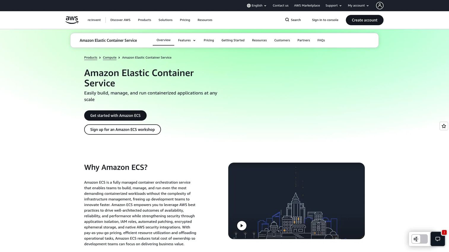Amazon Elastic Container Service dashboard for deploying containerized workloads