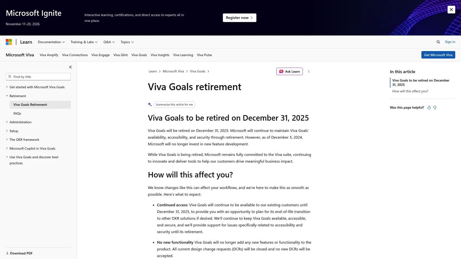 Microsoft Viva Goals workspace showing company and team objectives