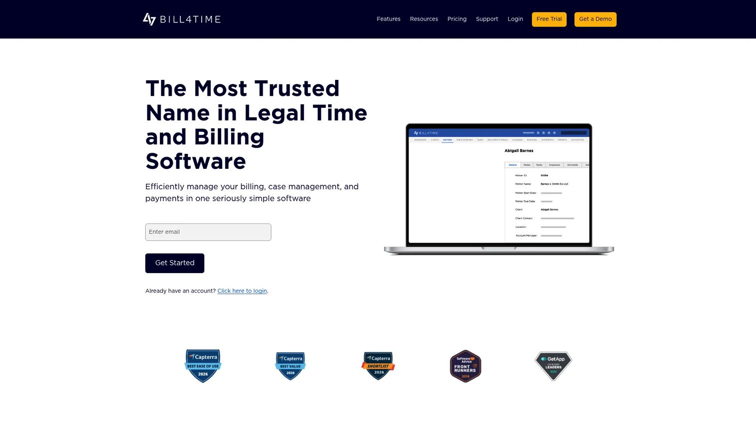 Bill4Time legal billing dashboard showing time, billing, and matter data