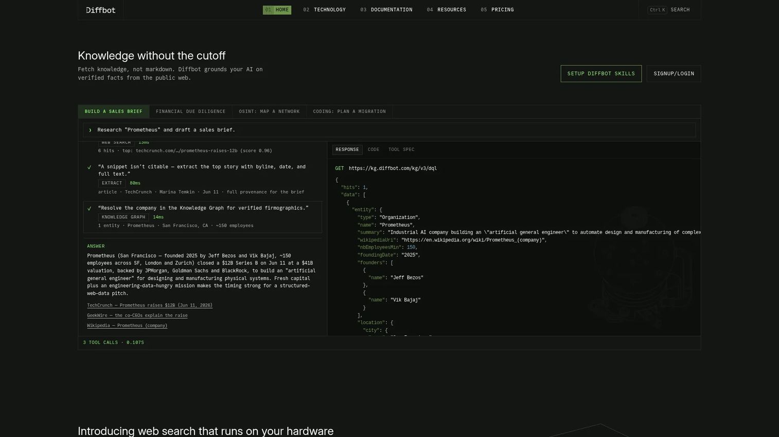 Diffbot AI web data extraction output with structured entities and content