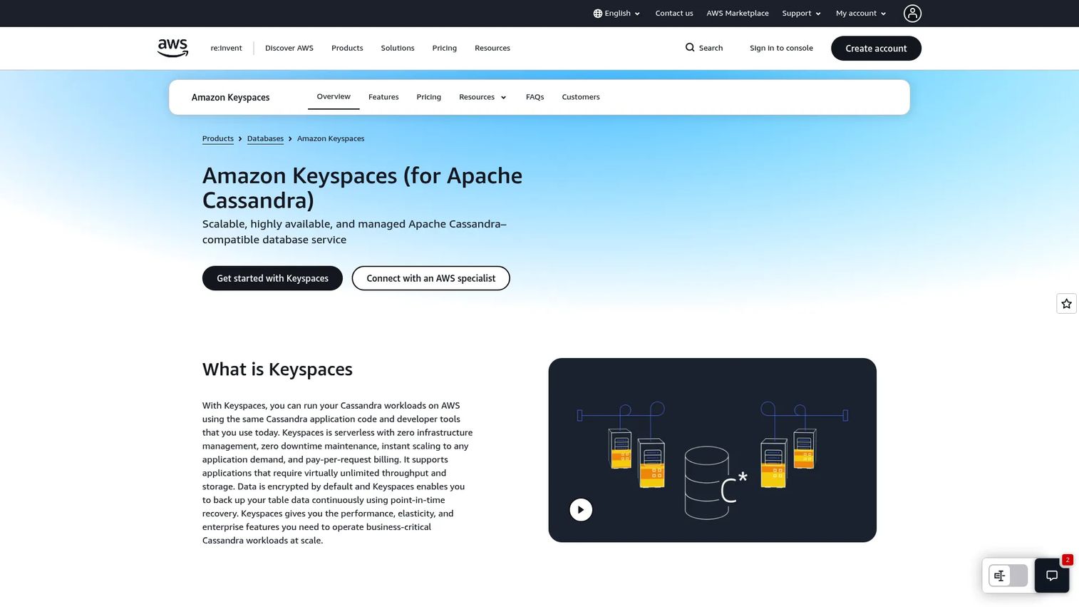 Amazon Keyspaces managed Cassandra-compatible database on AWS