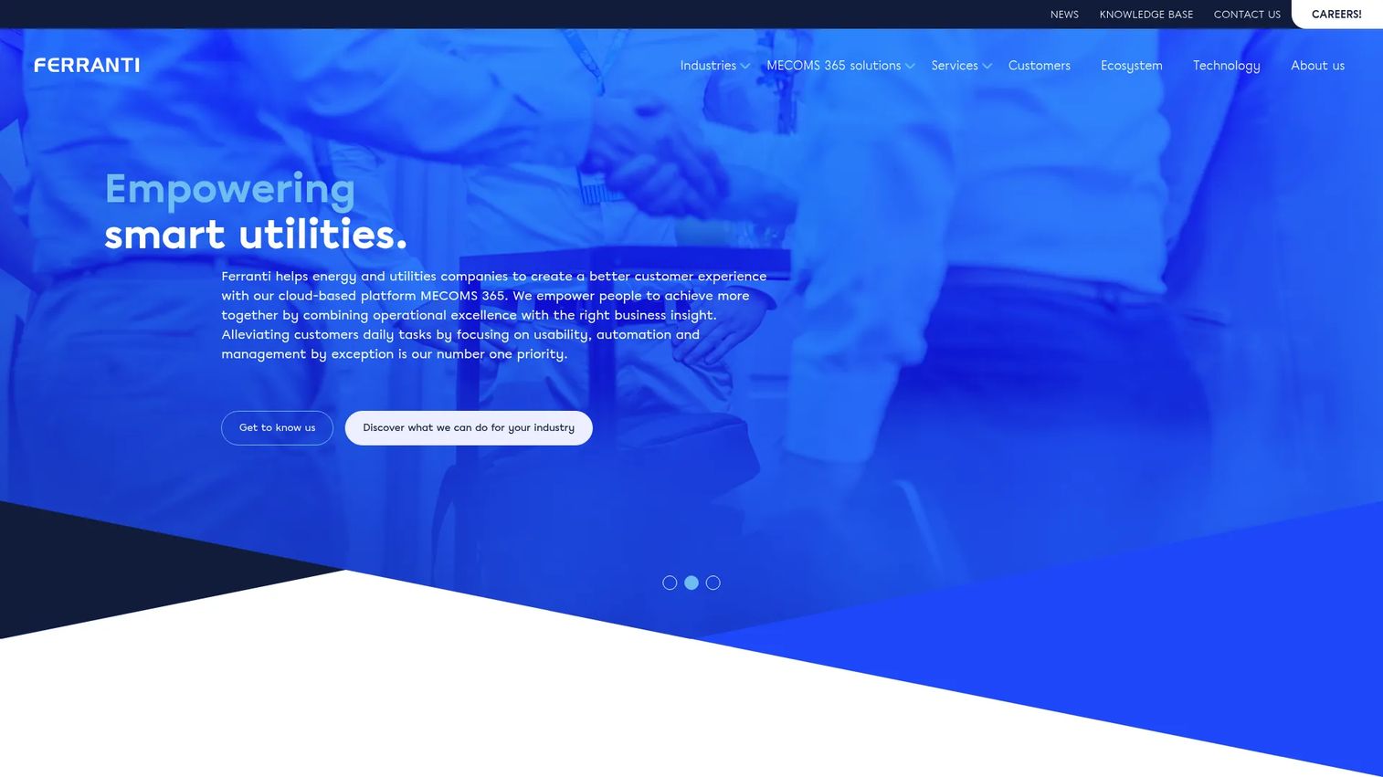 Ferranti MECOMS 365 homepage showing utility platform built on Microsoft Dynamics 365