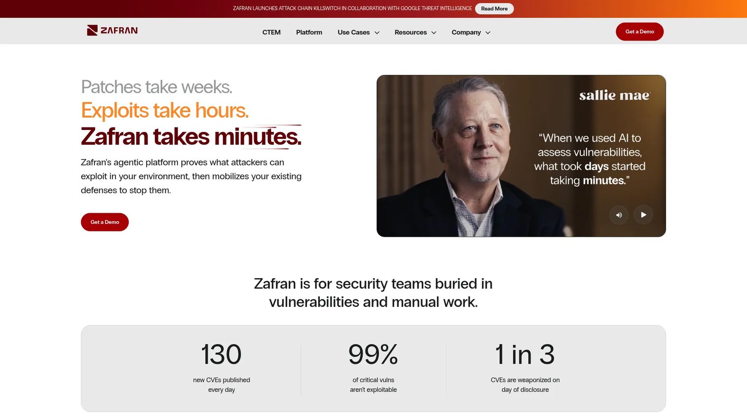 Zafran Threat Exposure Management Platform showing exploitable risk prioritization