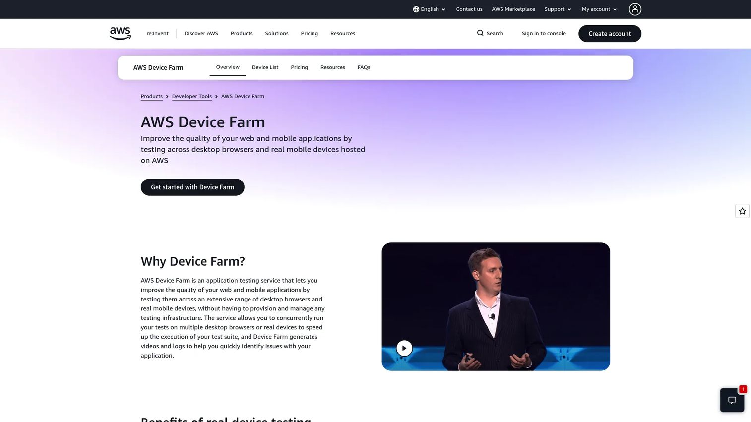 AWS Device Farm mobile testing dashboard