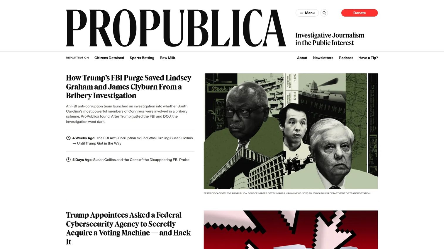 ProPublica homepage showing investigative journalism and public-interest reporting