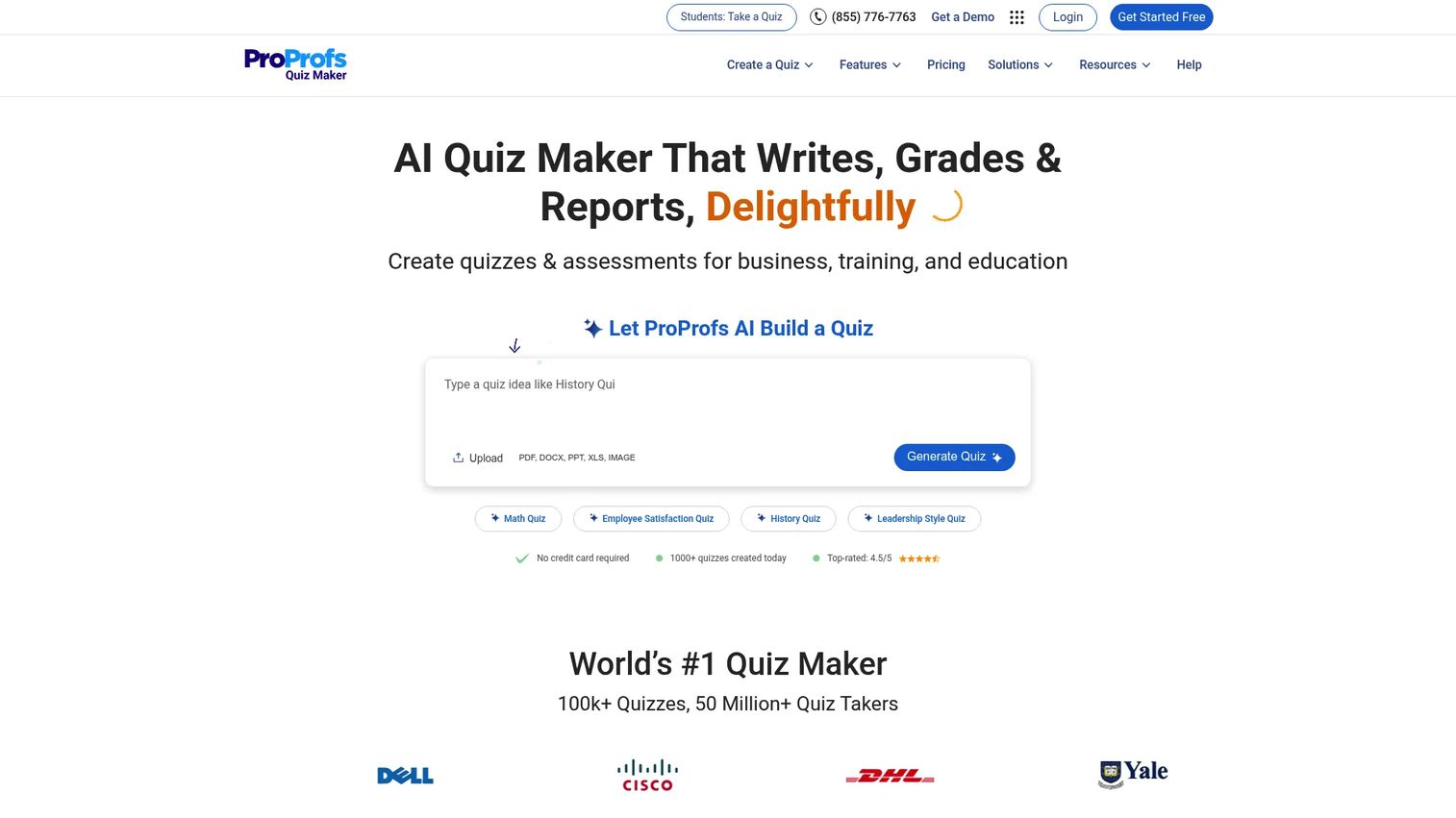 ProProfs Quiz Maker homepage screenshot