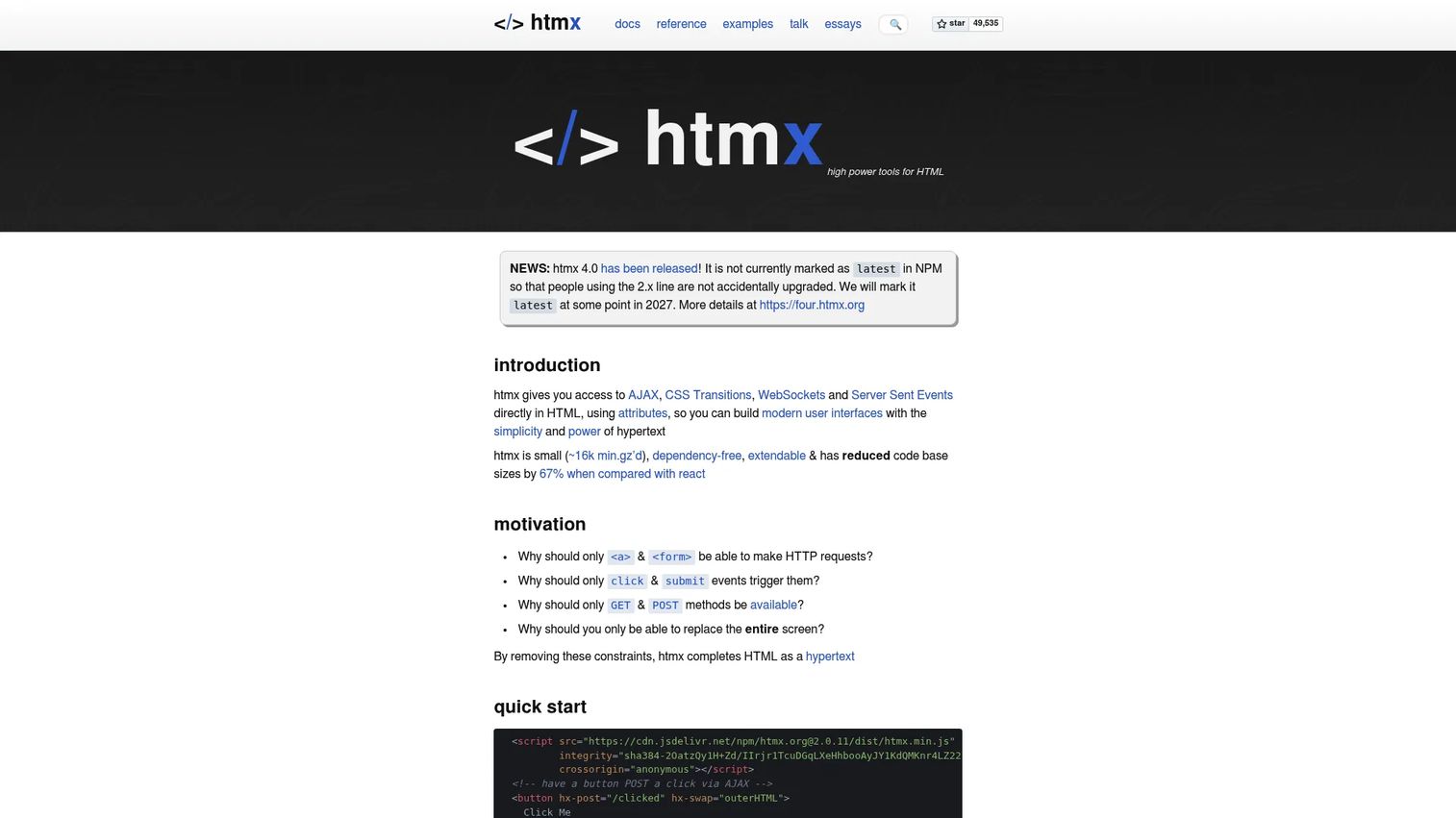 Htmx homepage screenshot
