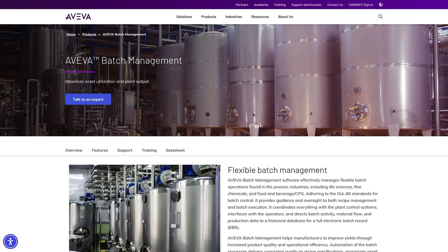 AVEVA Batch Management recipe execution and batch control interface