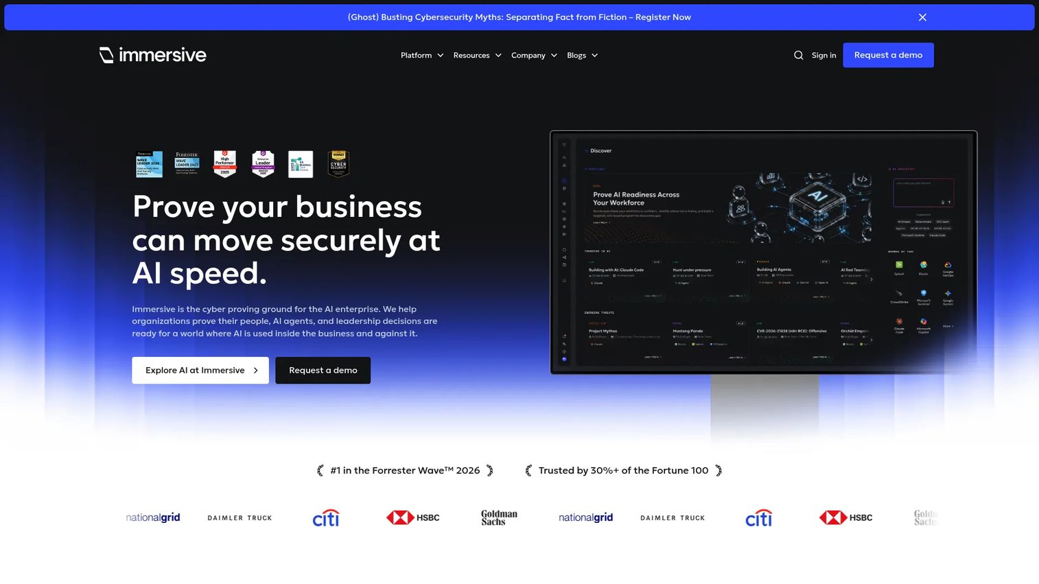 Immersive Labs cybersecurity exercise dashboard showing learner progress, skills insights, and resilience reporting