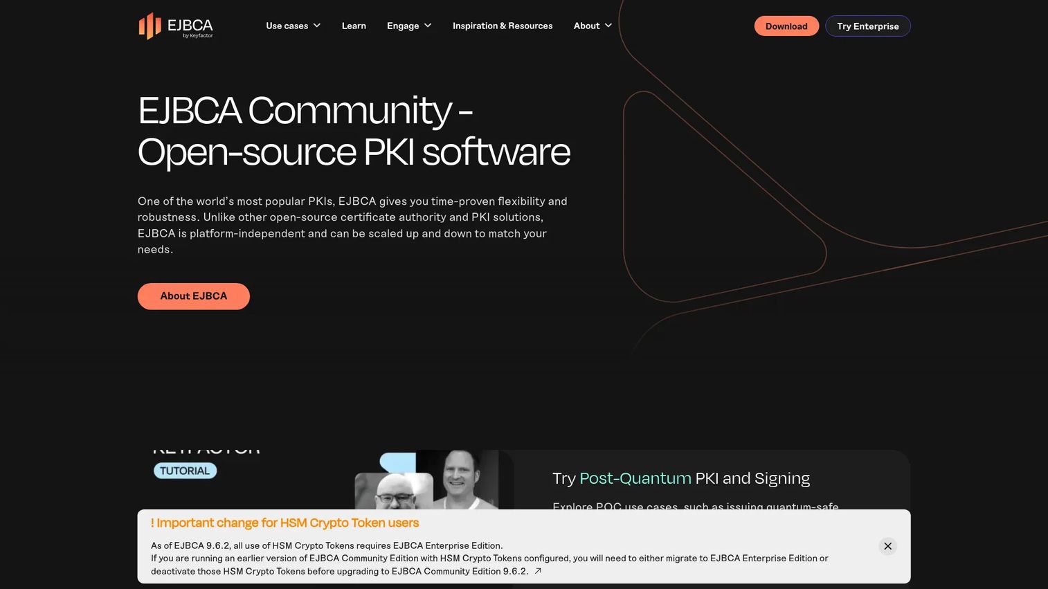 EJBCA Enterprise homepage showing certificate authority and PKI software