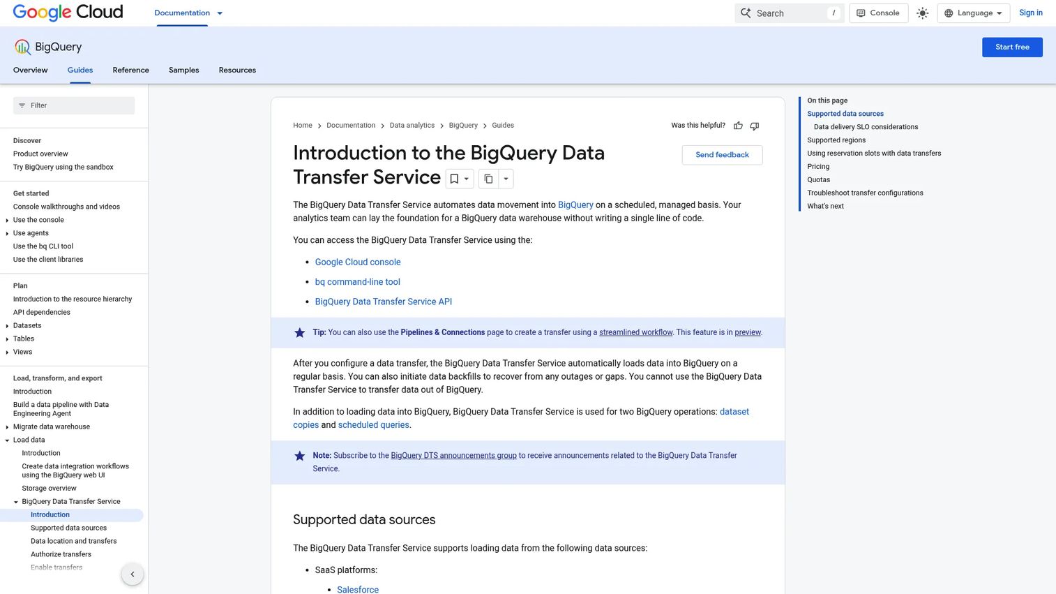 Google Cloud BigQuery Data Transfer Service documentation screenshot