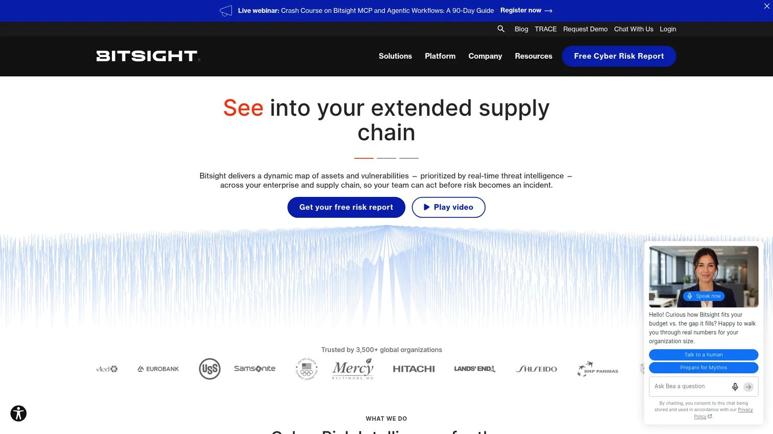 BitSight cyber risk intelligence platform showing security ratings dashboard, peer benchmarking, and third-party vendor risk monitoring