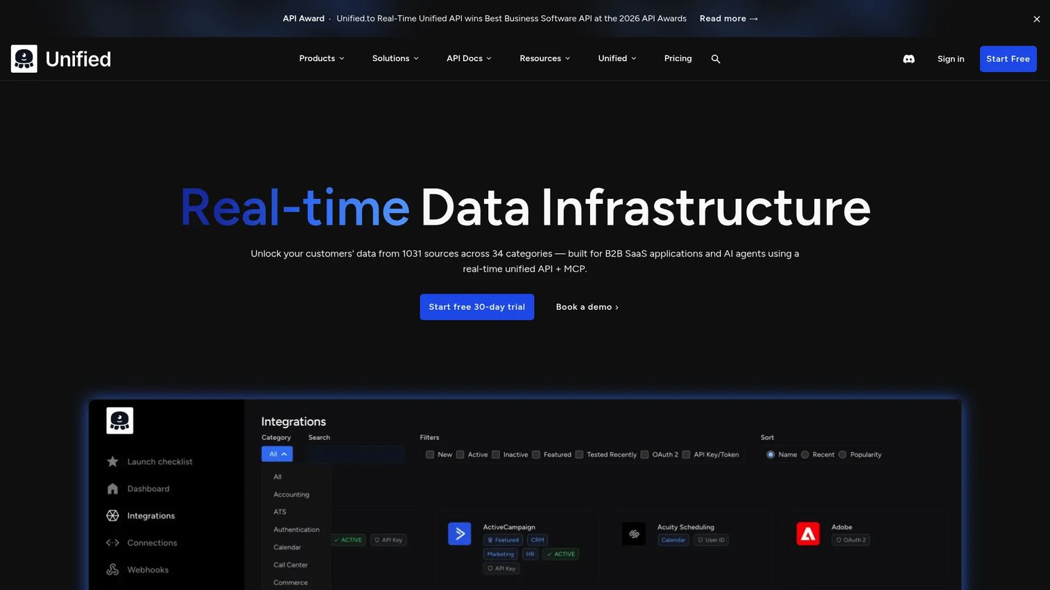 Unified.to platform interface showing unified API categories and integrations