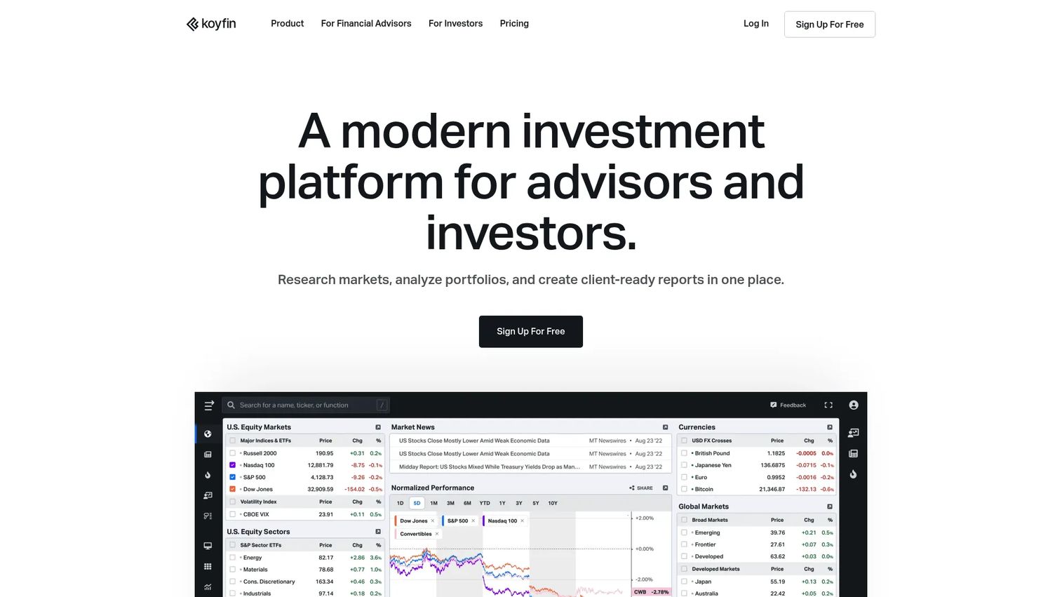 Koyfin dashboard with market charts, screening tools, and macroeconomic data