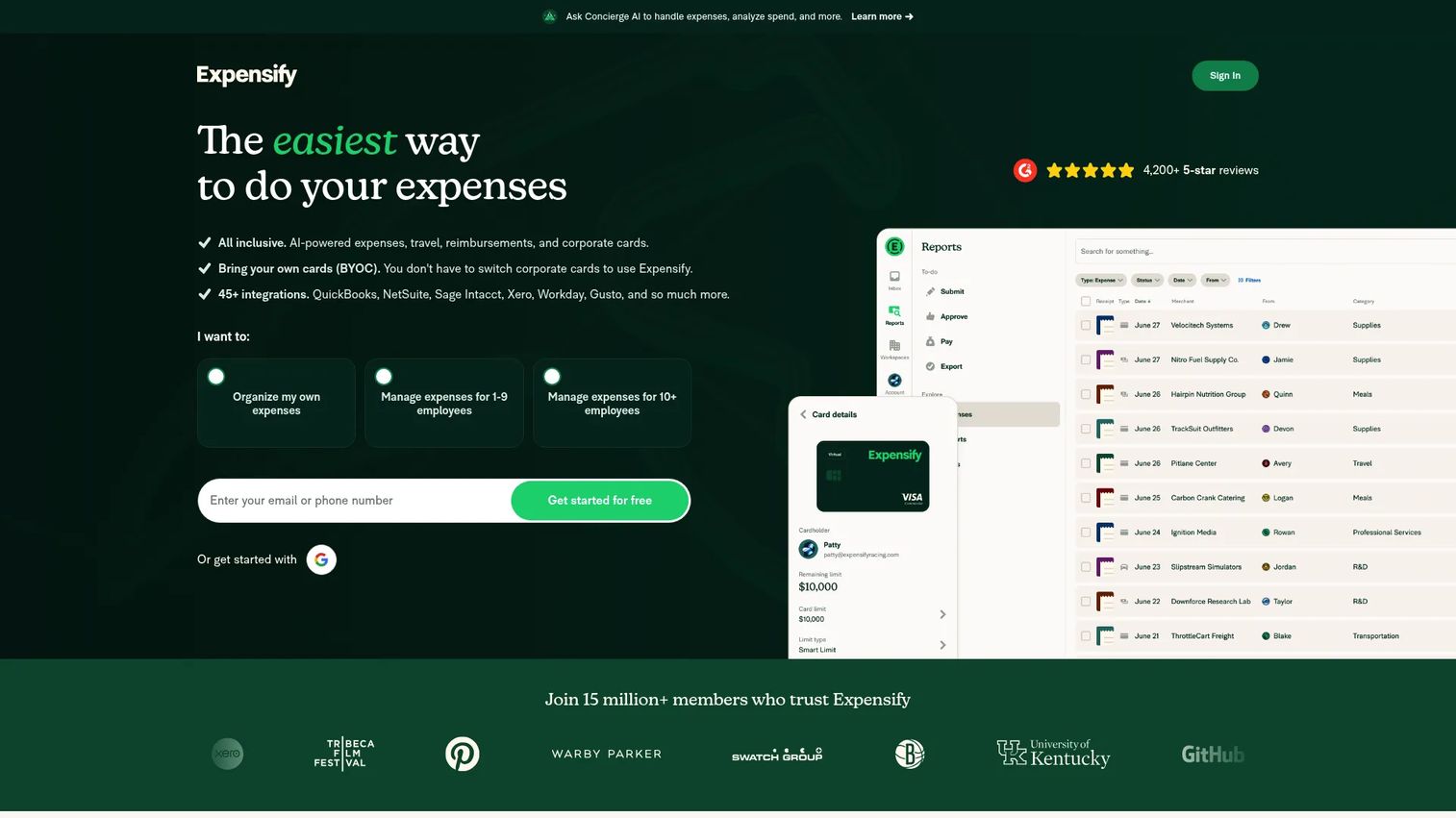 Expensify expense management software interface